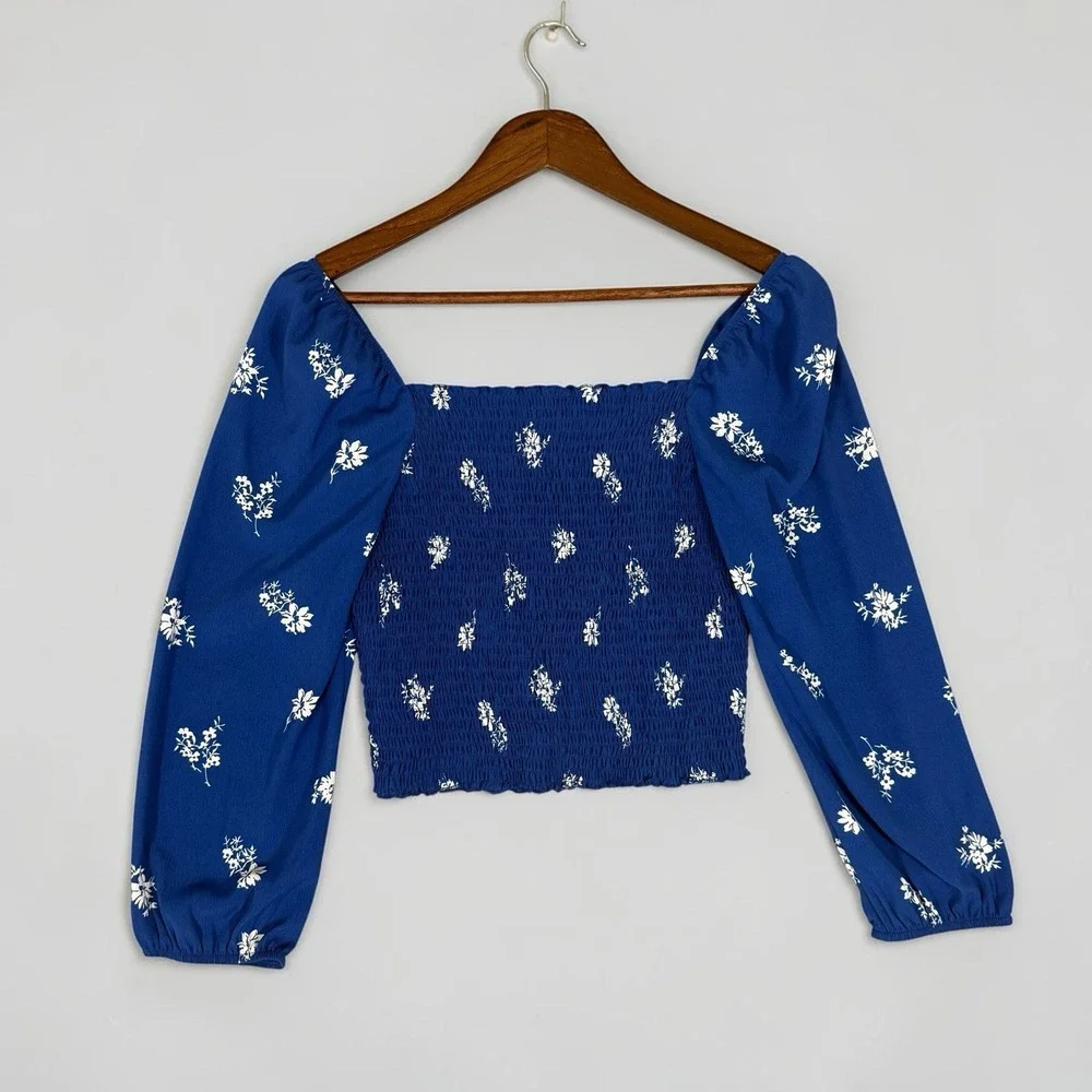Abercrombie & Fitch Womens Blouse Top S Blue Short Smocked Long Puff Sleeves